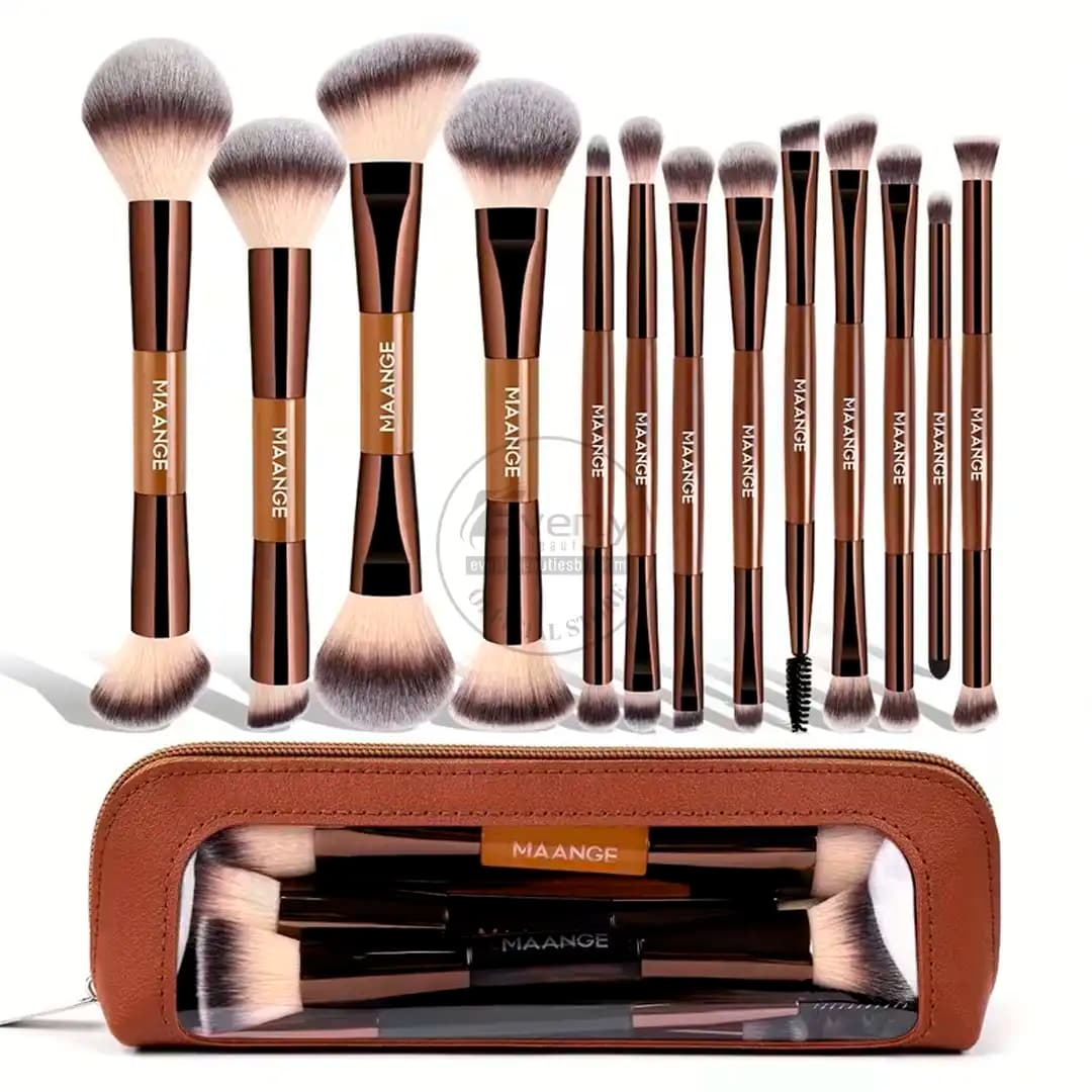 MAANGE 13pcs Dual-Ended Professional Makeup Brush Set with Storage Pouch - Brown