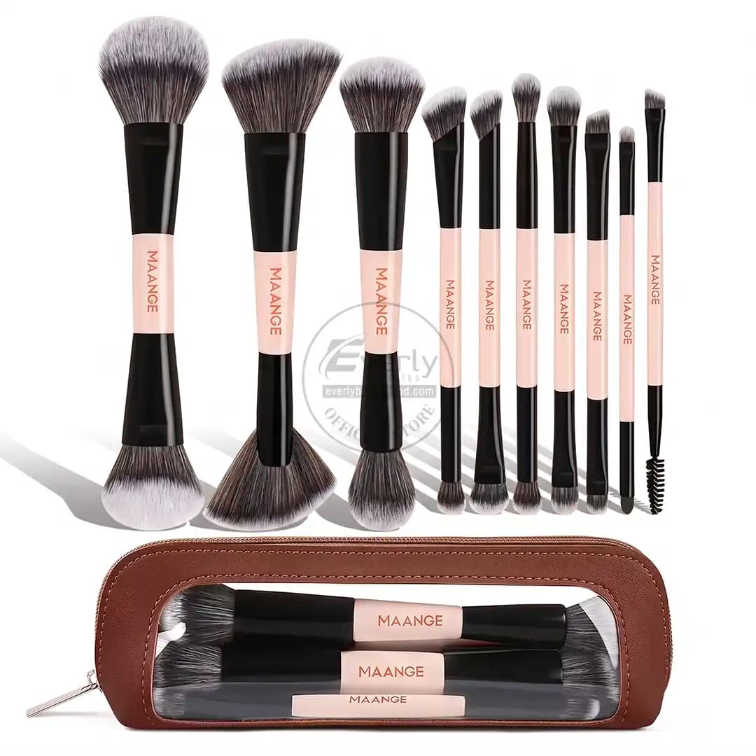 MAANGE 10pcs Dual-Ended Professional Makeup Brush Set with Storage Pouch - Cream & Black