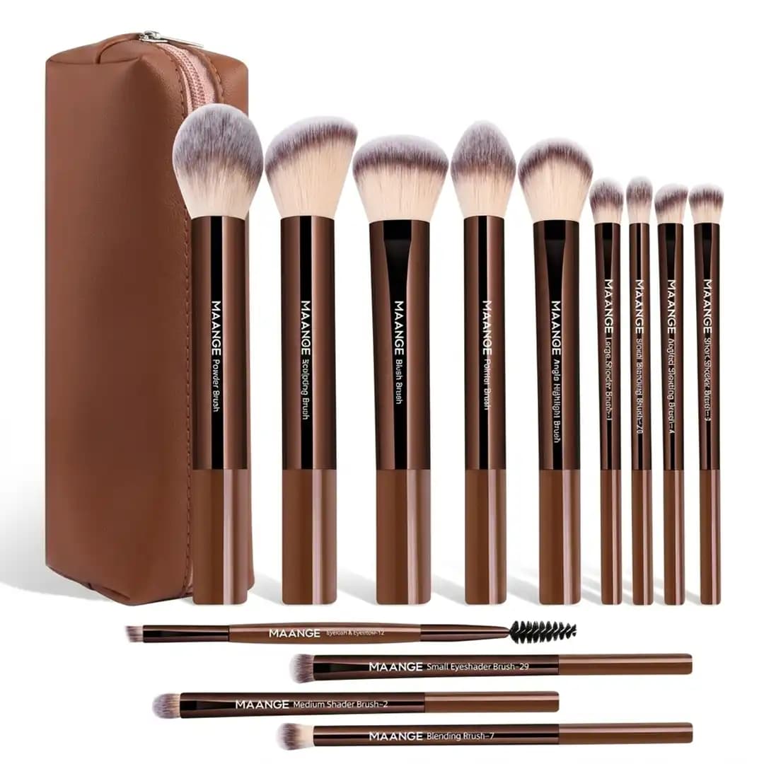 MAANGE 13pcs Professional Makeup Brush Set with Pouch - Brown