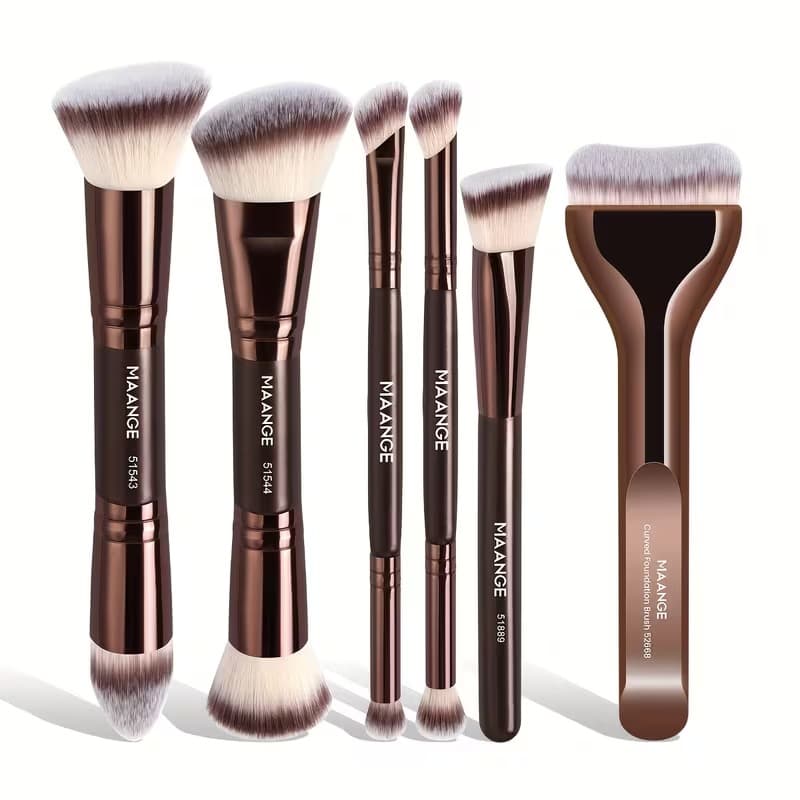 MAANGE 6pcs Double-Ended Professional & Beginner Makeup Brush Set with Kabuki Brush - Brown