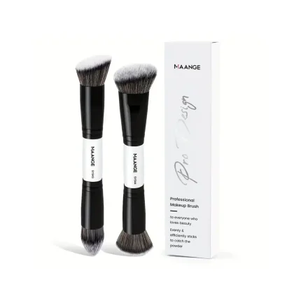 MAANGE 2Pcs Double-Ended Face Brush Set – Black | Professional Makeup Brushes for Liquid, Cream & Powder – Premium Synthetic Bristles, Rose Gold Design, Soft & Dense Buffing, Blending & Contour Tools