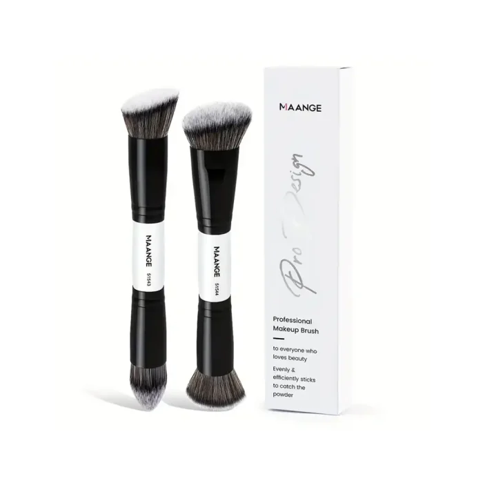 MAANGE 2Pcs Double-Ended Face Brush Set – Black | Professional Makeup Brushes for Liquid, Cream & Powder – Premium Synthetic Bristles, Rose Gold Design, Soft & Dense Buffing, Blending & Contour Tools - Image 1