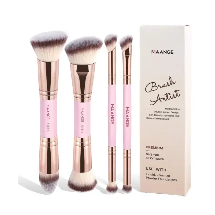 MAANGE 4Pcs Professional Makeup Brush Set – Pink | 4 Double-Ended Brushes (8-in-1) | Premium Synthetic Bristles, Flawless Finish, Multifunctional Brushes for Liquid, Cream & Powder Foundation