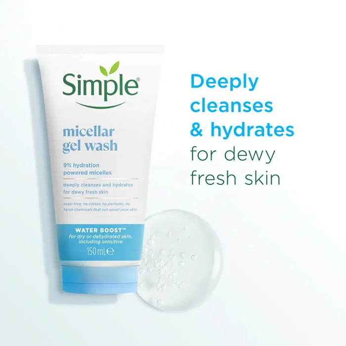 Simple Water Boost Micellar Facial Gel Wash | Hydrating, Soap-Free Cleanser | For Dry & Dehydrated Skin – 150ml - Image 3